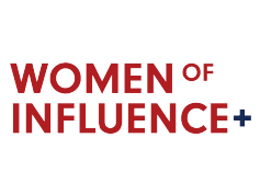 In red letters the words "Women of Influence" with a black plus sign next to the word "Influence".
