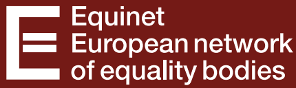 The text "Equinet European network of equality bodies" with a stylized capital letter E that has an equal sign for the center line. The lettering is white and the background is red.