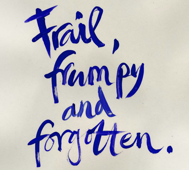 "Frail, Frumpy and Forgotten" in sweeping dark-blue handwritten font, with a lightly textured off-white background