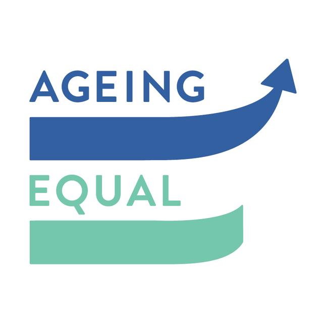 In blue lettering the word "Ageing" with a blue bar that transforms into an up arrow running beneath and then up beside it. Below that in green lettering the word "Equal" with a green bar below it.