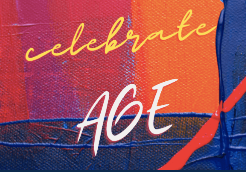 The text "Celebrate Age" in cursive writing on a background of orange and blue that appears to be part of a painting.